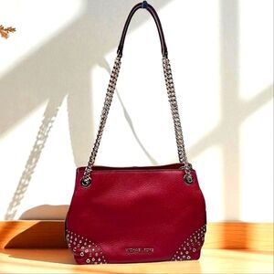 MICHAEL KORS RED FALL BAG JET SET MULBERRY GOLD‎ STUD CHAIN SHOULDER PURSE